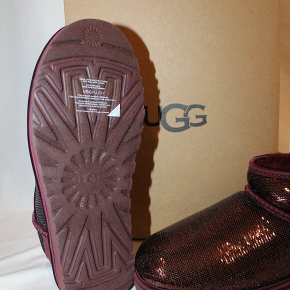 NIB UGG ULTRA MINI BURGUNDY SEQUIN SHEARLING LINED ANKLE BOOTS - Picture 8 of 8